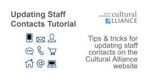 Intro Slide for a Presentation on Updating Staff Contacts. Slide includes tips and tricks with professional icons