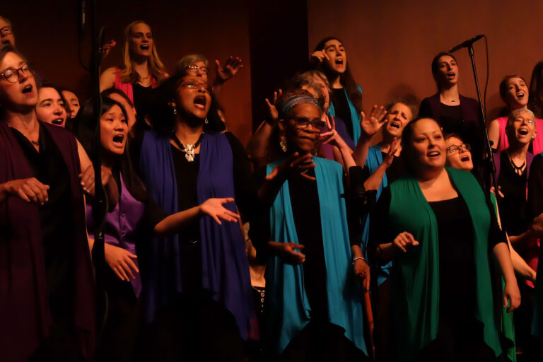 Large choir singing at a concert in colorful vests
