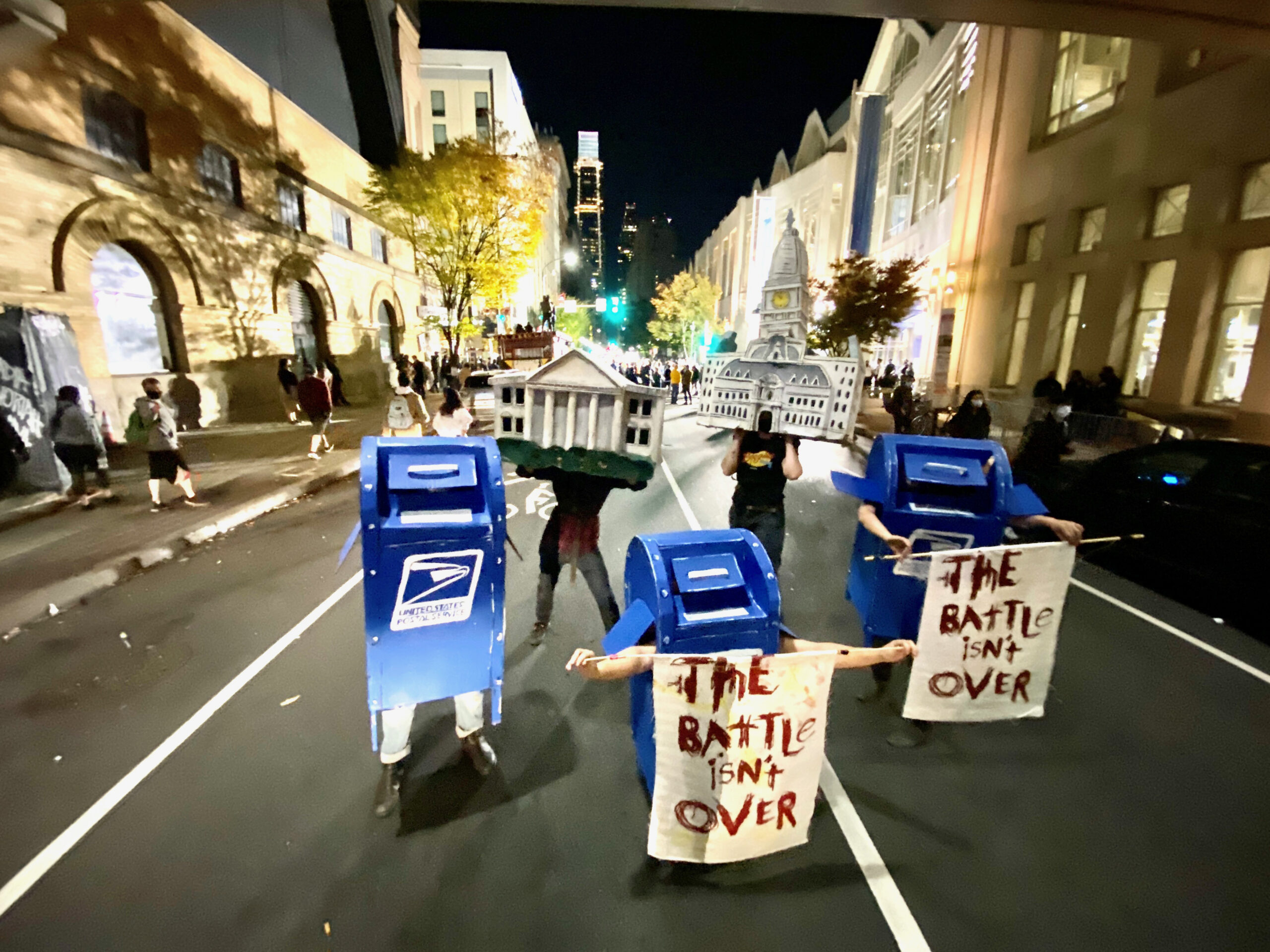 Mailbox puppets dancing to help protect the counting of ballots during the 2020 presidential election